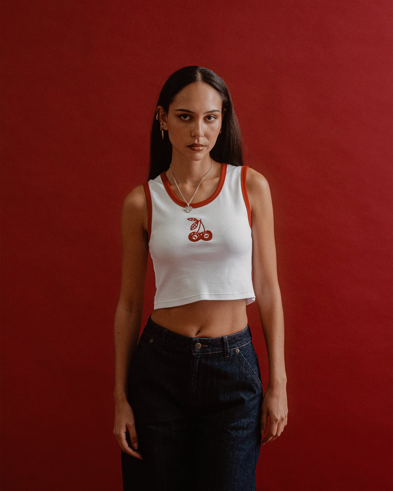 Ares Textile Women's Cherry Ringer Tank Off White & Red 100% Organic Cotton
