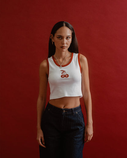 Ares Textile Women's Cherry Ringer Tank Off White & Red 100% Organic Cotton